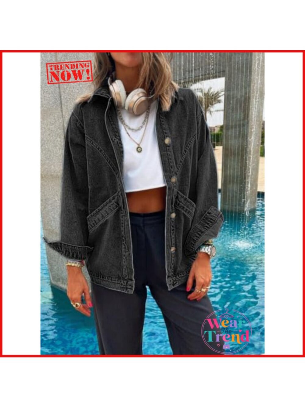 Oversized Button Up Denim Jacket Cotton Loose Fit Long Sleeve Shacket - Picture 3 of 5